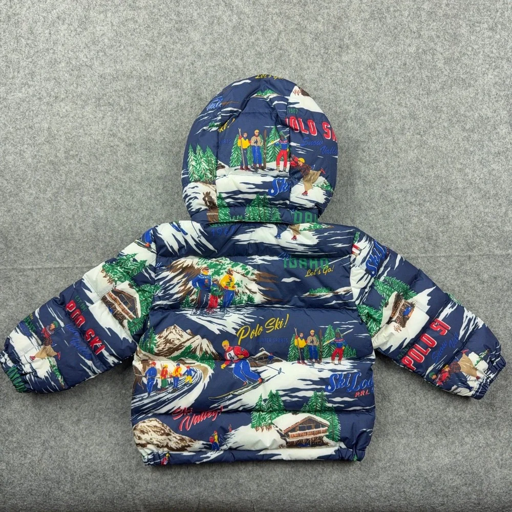 Polo Ralph Lauren Puffer Jacket Kids 2T Navy Ski Print Hooded Winter Coat
